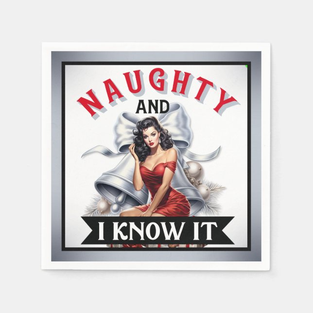 Retro Naughty and I Know It Christmas Pinup Napkin (Front)