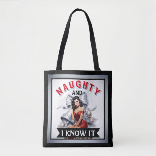 Retro Naughty and I know it Christmas Pinup Tote Bag