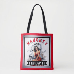 Retro Naughty and I know it Christmas Pinup Tote Bag
