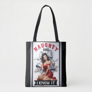 Retro Naughty and I know it Christmas Pinup Tote Bag