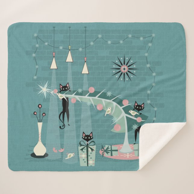 Retro Naughty Kitty Christmas ©studioxtine Sherpa Blanket (Front (Horizontal))