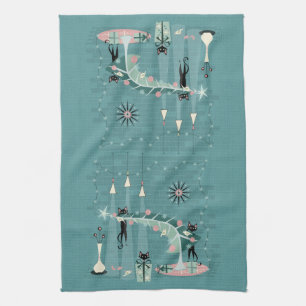Retro Naughty Kitty Christmas ©️studioxtine Tea Towel