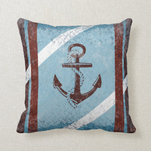 Retro Nautical Anchor Red Blue Grunge Distressed Cushion