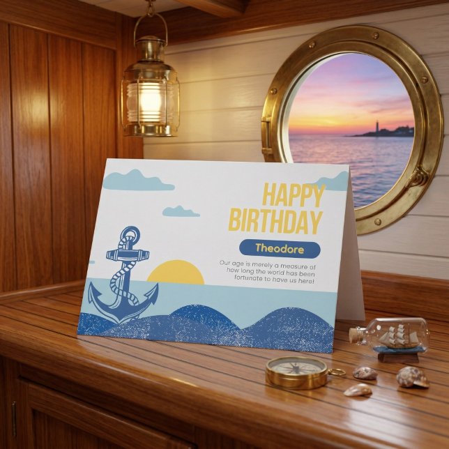 Retro Nautical Anchor & Sun Personalized Birthday  Card (Set sail on your celebration.)