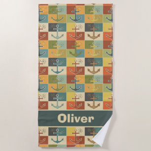 Retro Nautical Modern Anchor Pattern  Beach Towel