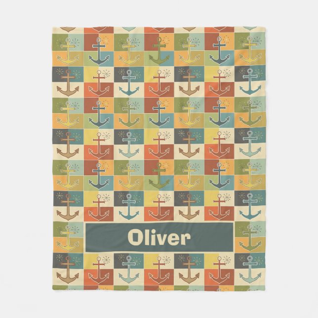 Retro Nautical Modern Anchor Pattern  Fleece Blanket (Front)