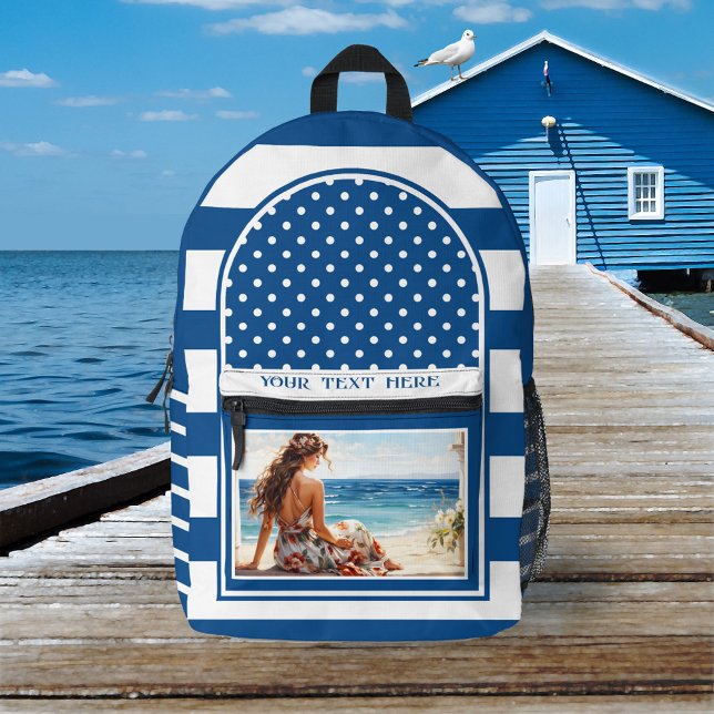 Retro Nautical Navy Striped Artistic Printed Backpack (Nautical navy blue and white backpack featuring a striped design with polka dots and your photo)