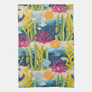 Retro Nautical Watercolor Pattern (10) Tea Towel