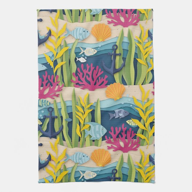 Retro Nautical Watercolor Pattern (10) Tea Towel (Vertical)
