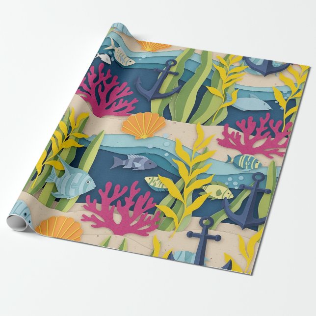 Retro Nautical Watercolor Pattern (10) Wrapping Paper (Unrolled)