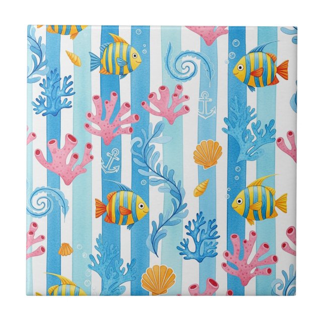 Retro Nautical Watercolor Pattern (11) Ceramic Tile (Front)