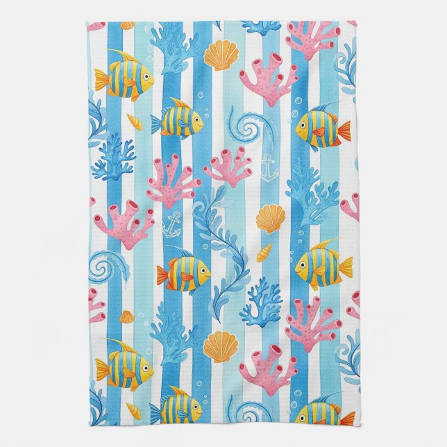 Retro Nautical Watercolor Pattern (11) Tea Towel (Vertical)