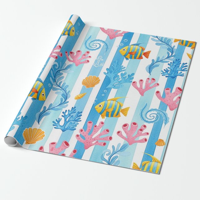 Retro Nautical Watercolor Pattern (11) Wrapping Paper (Unrolled)
