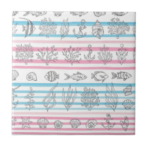 Retro Nautical Watercolor Pattern (12) Ceramic Tile