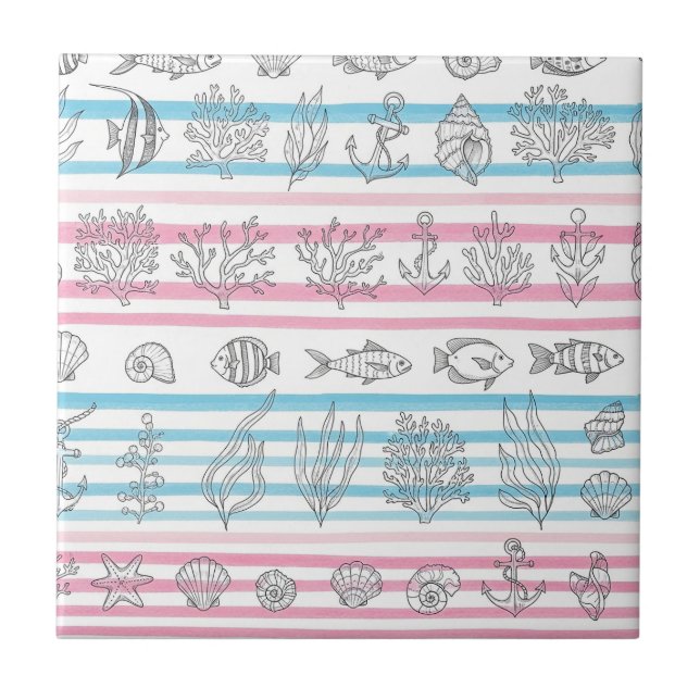 Retro Nautical Watercolor Pattern (12) Ceramic Tile (Front)