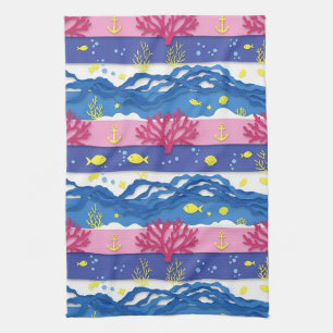 Retro Nautical Watercolor Pattern (13) Tea Towel