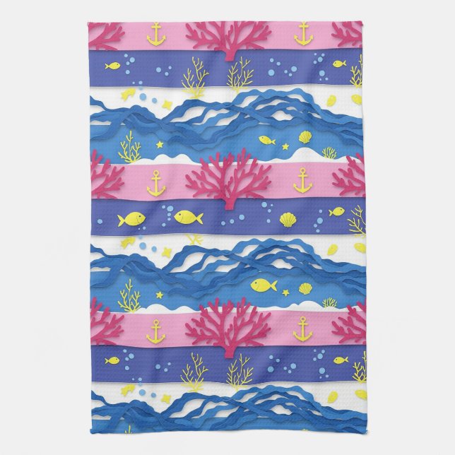 Retro Nautical Watercolor Pattern (13) Tea Towel (Vertical)