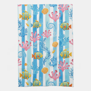 Retro Nautical Watercolor Pattern (14) Tea Towel