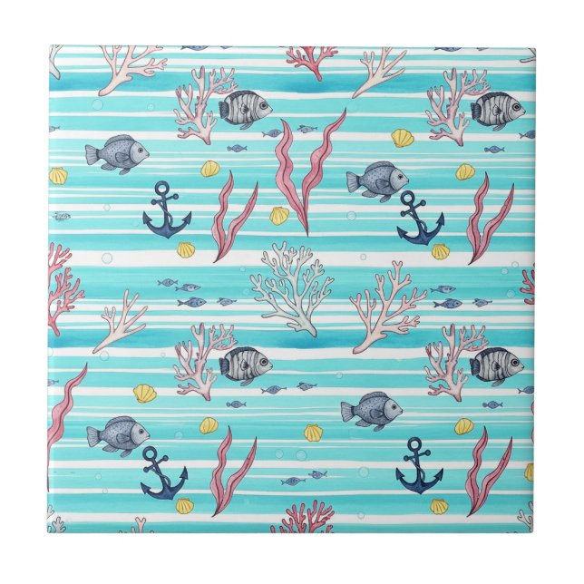 Retro Nautical Watercolor Pattern (15) Ceramic Tile (Front)