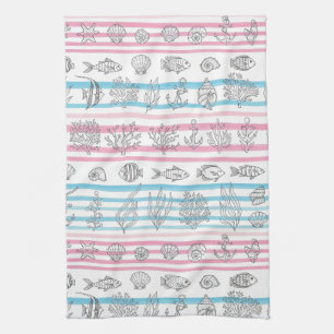 Retro Nautical Watercolor Pattern (15) Tea Towel