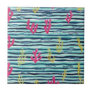 Retro Nautical Watercolor Pattern (1) Ceramic Tile