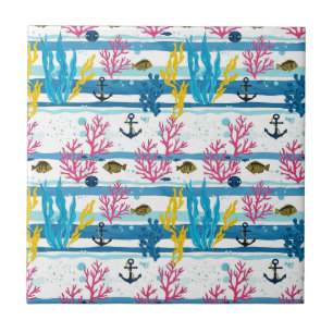 Retro Nautical Watercolor Pattern (2) Ceramic Tile