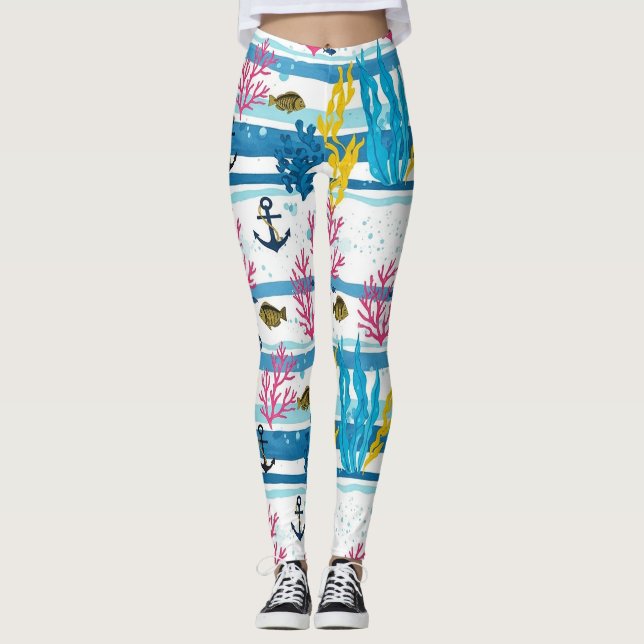 Retro Nautical Watercolor Pattern (2) Leggings (Front)