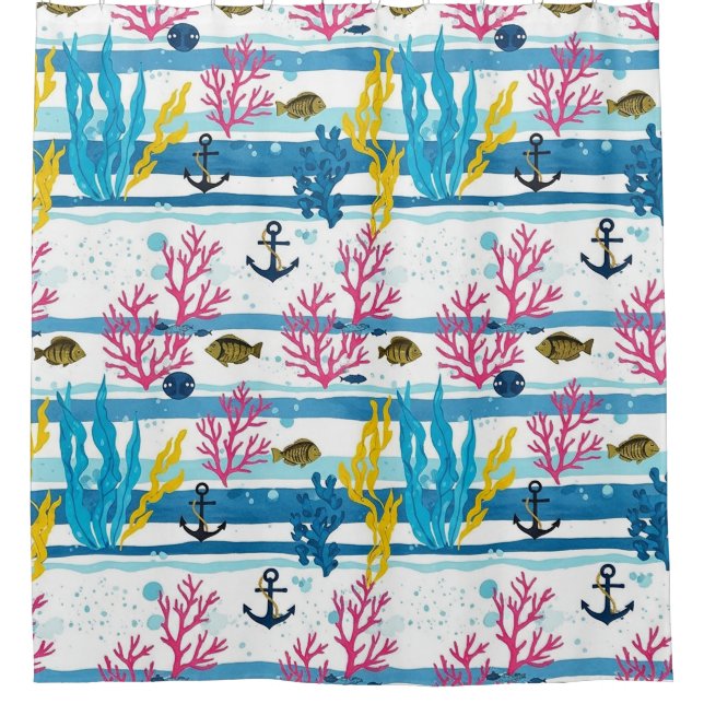 Retro Nautical Watercolor Pattern (2) Shower Curtain (Front)