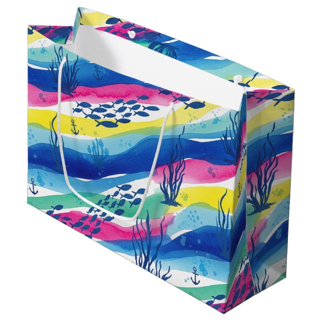 Retro Nautical Watercolor Pattern (3) Large Gift Bag (Front Angled)