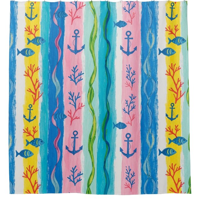 Retro Nautical Watercolor Pattern (4) Shower Curtain (Front)