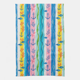 Retro Nautical Watercolor Pattern (4) Tea Towel