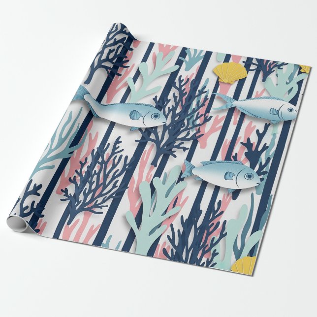 Retro Nautical Watercolor Pattern (6) Wrapping Paper (Unrolled)
