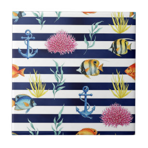 Retro Nautical Watercolor Pattern (8) Ceramic Tile