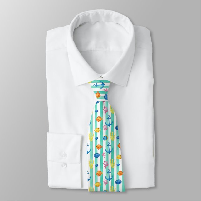 Retro Nautical Watercolor Pattern (9) Tie (Tied)