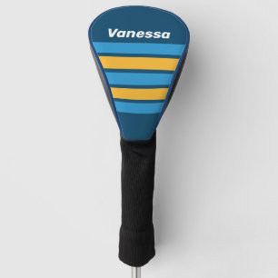 Retro Navy Blue Across Striping with Name Golf Head Cover