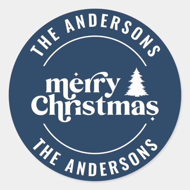 Retro Navy blue Christmas Modern Minimal Unique Classic Round Sticker (Front)