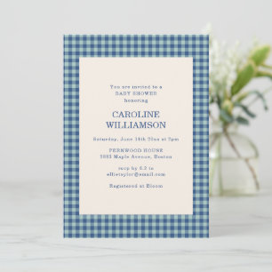 Retro Navy Blue Gingham Preppy Baby Boy Shower Invitation