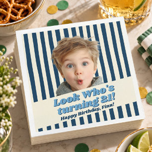 Retro Navy Blue Photo Birthday Chic Napkin