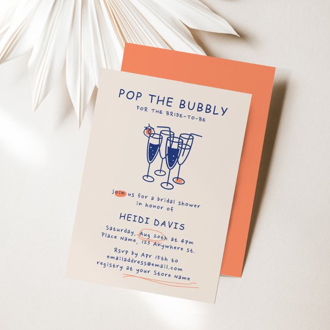 Retro Navy Blue Pop The Bubbly Bridal Shower Invitation (Retro Navy Blue Pop The Bubbly Bridal Shower Invitation)