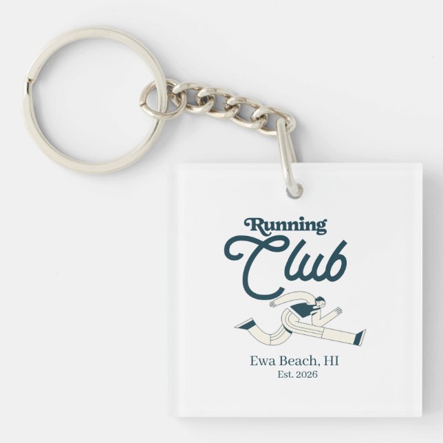 Retro Navy Blue Running Club Personalised Graphic Key Ring (Front)