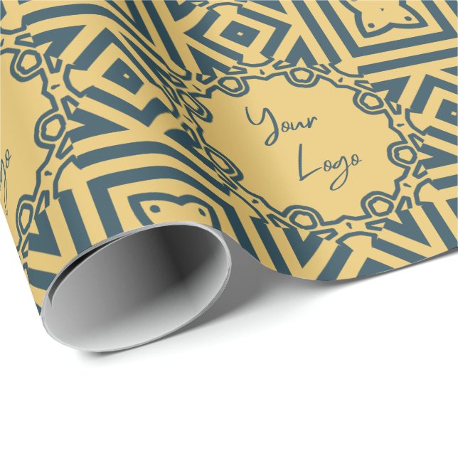 Retro Navy Brown Pattern Custom Business Logo  Wrapping Paper (Roll Corner)
