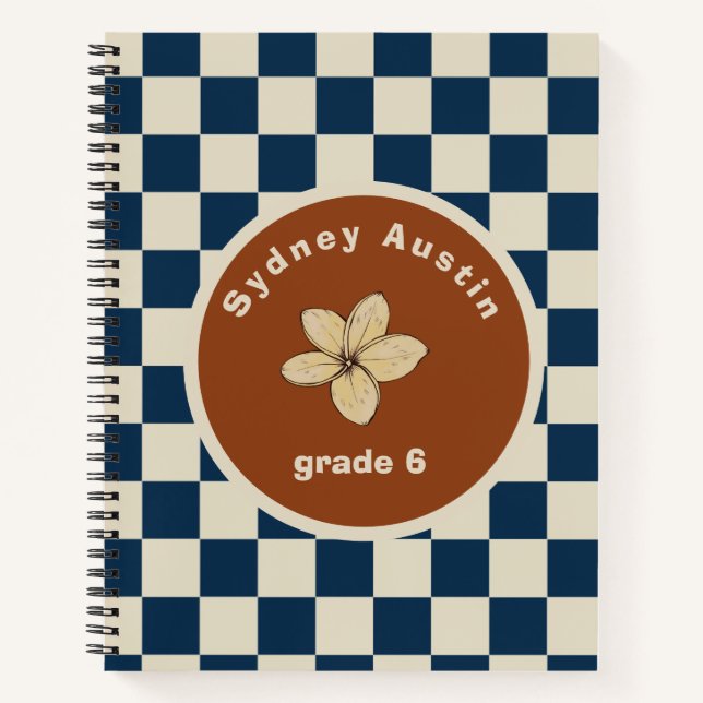 Retro Navy Chequerboard Notebook Custom Name  (Front)