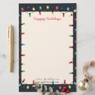 Retro Navy Christmas Lights Holiday Newsletter Stationery