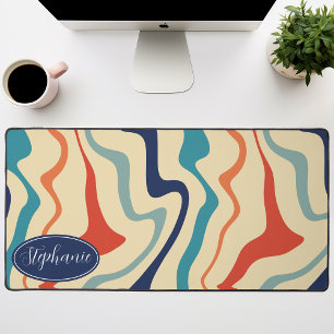 Retro Navy Coral Cream Personalised Marble Swirl Desk Mat