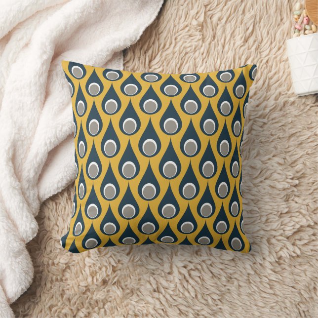 Retro Navy Mustard Geometric Drops Pattern  Cushion (Blanket)