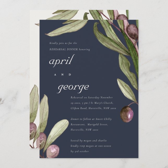 RETRO NAVY OLIVE FOLIAGE REHEARSAL DINNER INVITE (Front/Back)