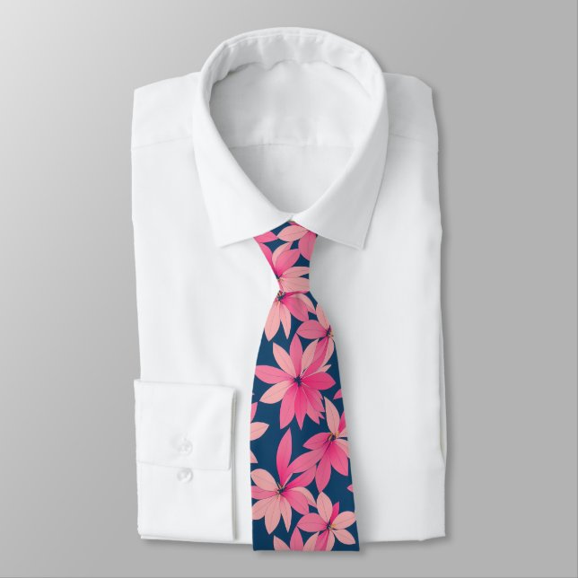 Retro Navy Pink Floral Pattern Tie (Tied)