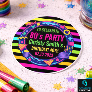 Retro Neon 80s Birthday adult Party Classic Round Sticker