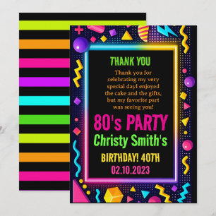 Retro Neon 80s Birthday Adult Party Thank You Card