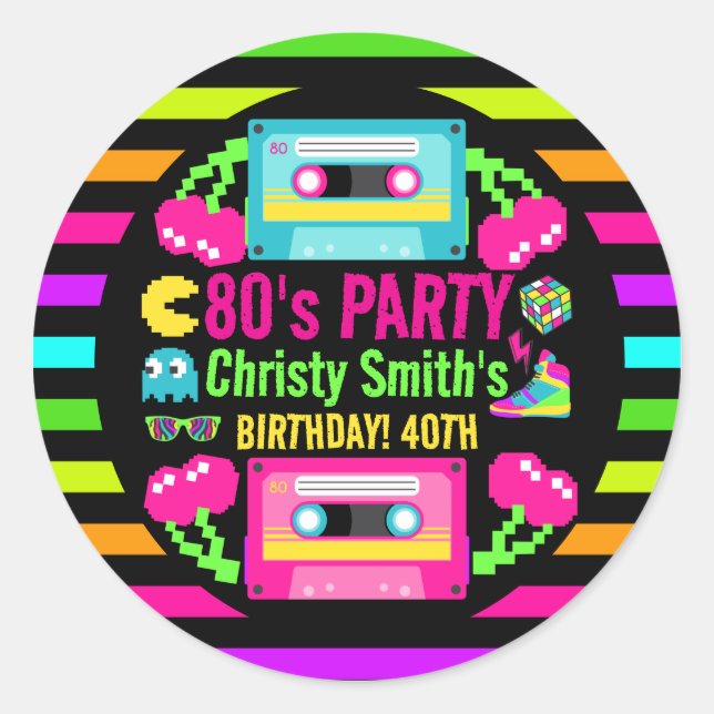 Retro Neon 80s Birthday Party Classic Round Sticker (Front)